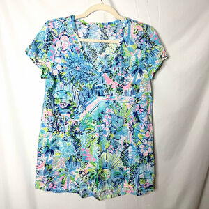 Lilly Pulitzer Blue Pink Floral Short Sleeve V Neck Tee Small